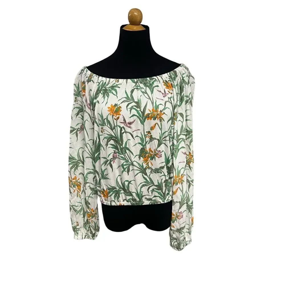 Anthropologie Stretch Off Shoulder Green Orange Floral Top Birds Boho Size XS